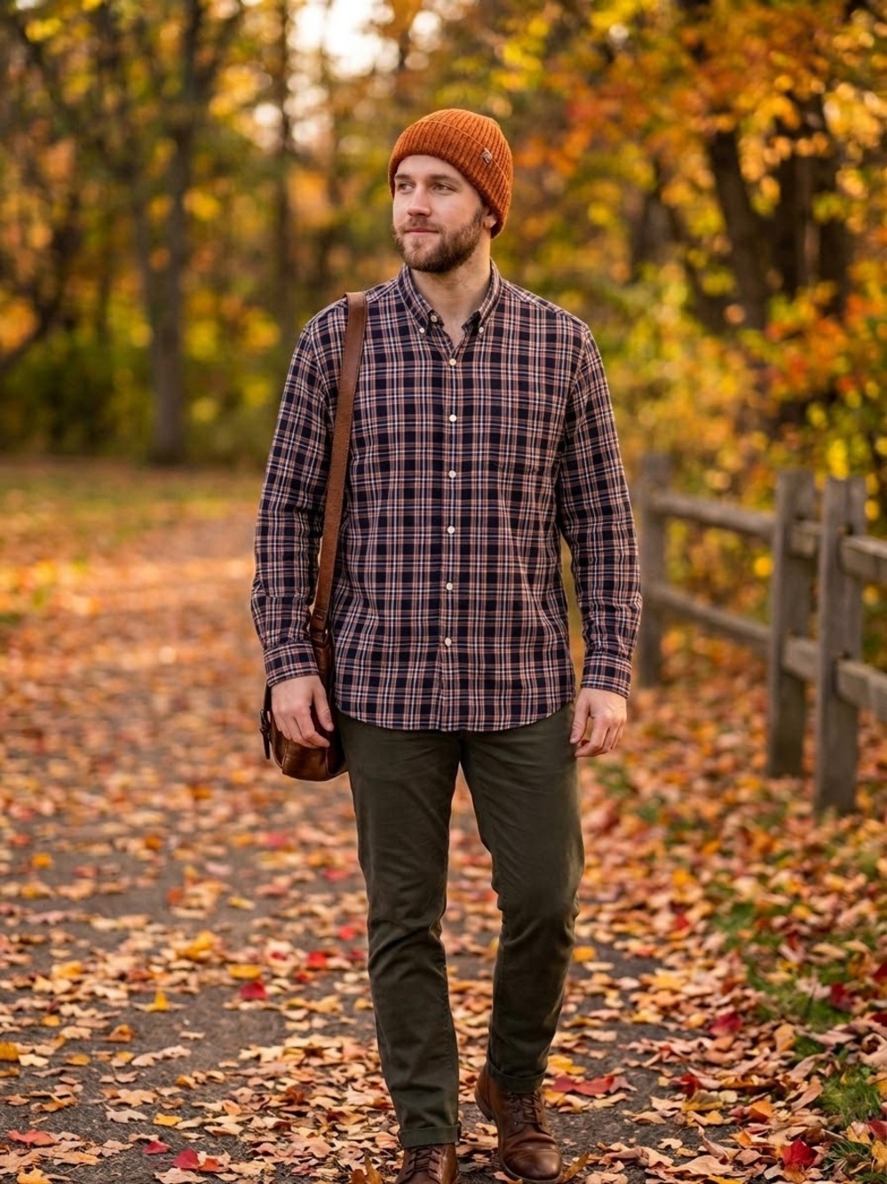 Cutter & Buck Navy Blue & Peach Plaid Long-Sleeve Button-Down, Men’s Size Large
